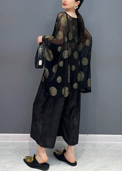 Casual Black Print Silk T Shirts And Crop Pants Two Piece Set Bracelet Sleeve
