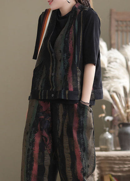 Lässige schwarze Print Weste Haremshose Zwei Stücke Set Frühling