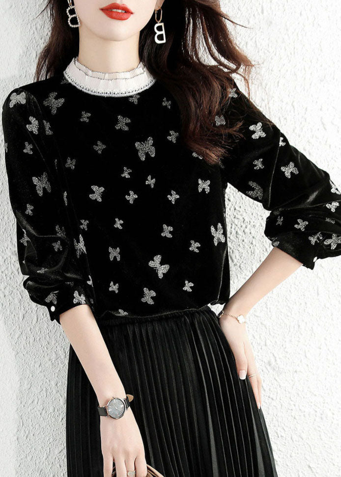 Lässiges schwarzes Rüschen-Schmetterlings-Velours-Shirt