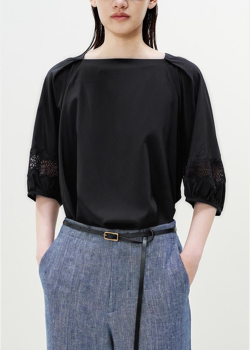 Casual Black Slash Neck Patchwork Lace Blouses Half Sleeve