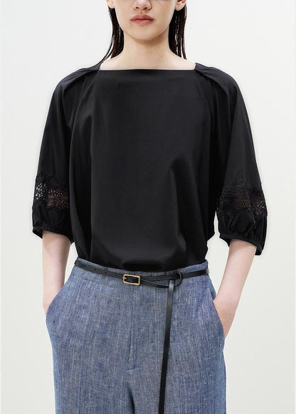 Casual Black Slash Neck Patchwork Lace Blouses Half Sleeve