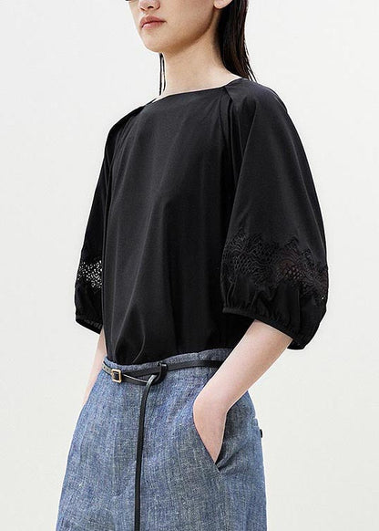 Casual Black Slash Neck Patchwork Lace Blouses Half Sleeve