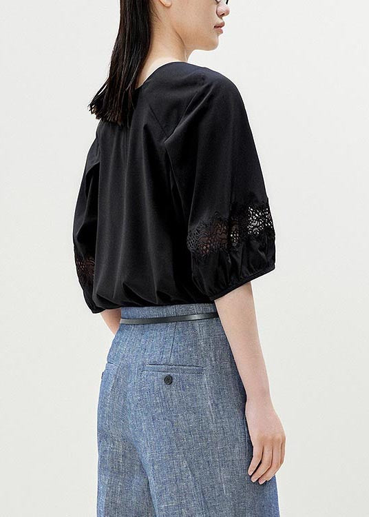 Casual Black Slash Neck Patchwork Lace Blouses Half Sleeve