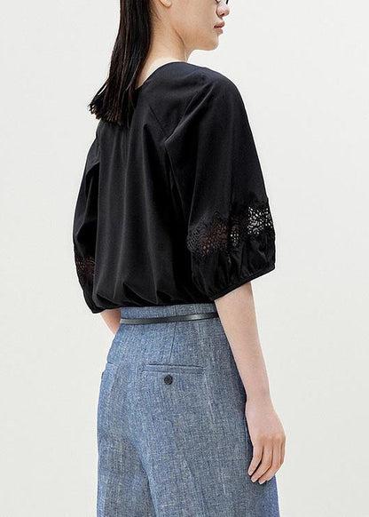 Casual Black Slash Neck Patchwork Lace Blouses Half Sleeve