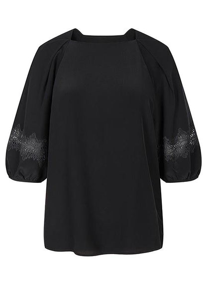 Casual Black Slash Neck Patchwork Lace Blouses Half Sleeve