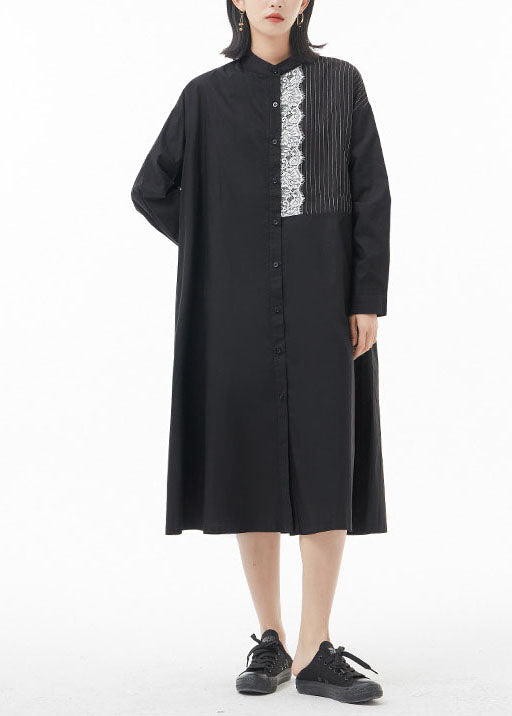 Casual Schwarz Stehkragen Spitze Patchwork hemd Kleid Frühling