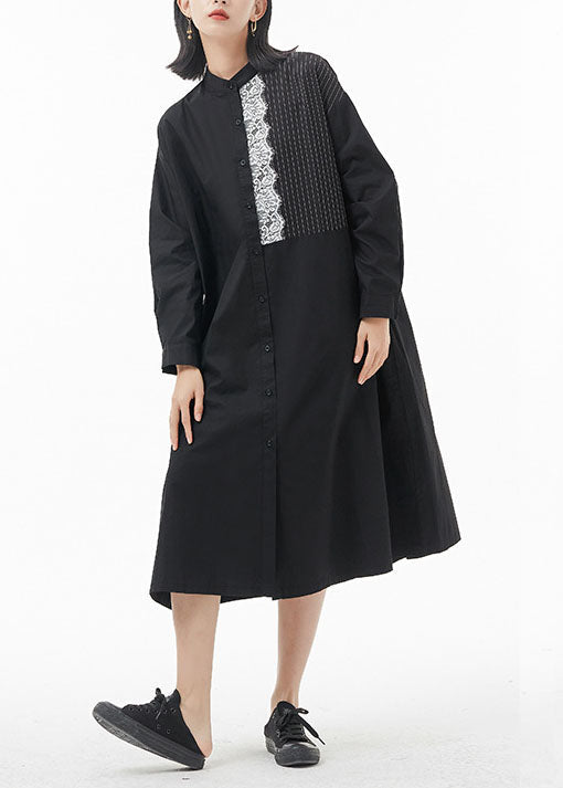 Casual Schwarz Stehkragen Spitze Patchwork hemd Kleid Frühling