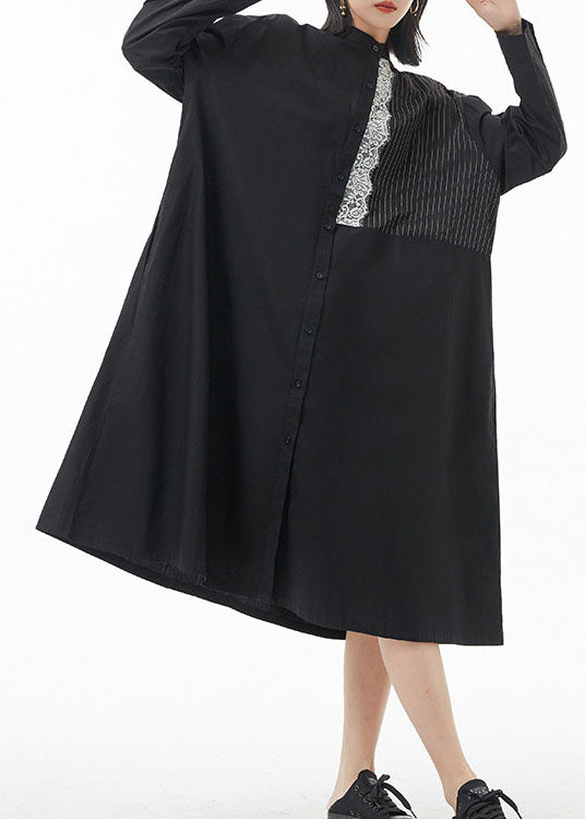 Casual Schwarz Stehkragen Spitze Patchwork hemd Kleid Frühling
