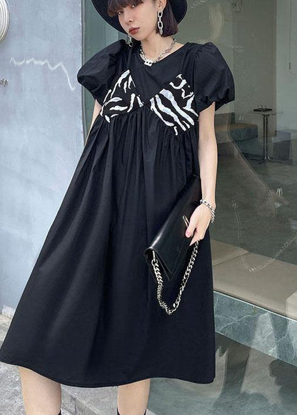 Casual Black Striped Cotton O Neck Cinched Dress - SooLinen