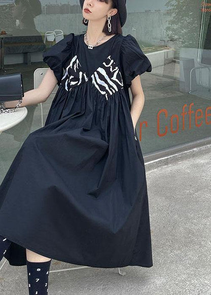 Casual Black Striped Cotton O Neck Cinched Dress - SooLinen