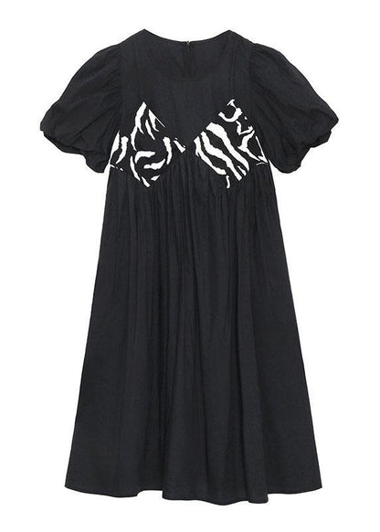 Casual Black Striped Cotton O Neck Cinched Dress - SooLinen