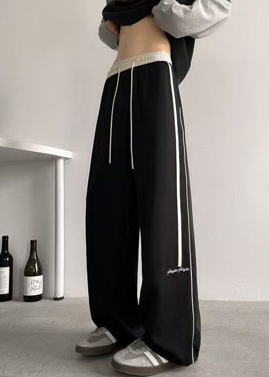 Casual Black Striped Elastic Waist Cotton Men Wide Leg Pants Summer