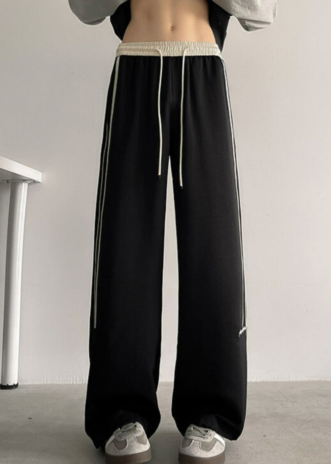 Casual Black Striped Elastic Waist Cotton Men Wide Leg Pants Summer