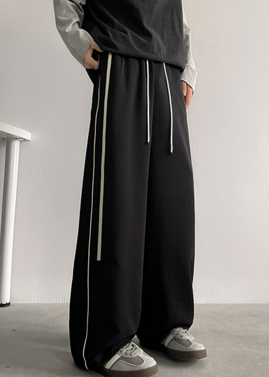 Casual Black Striped Elastic Waist Cotton Men Wide Leg Pants Summer
