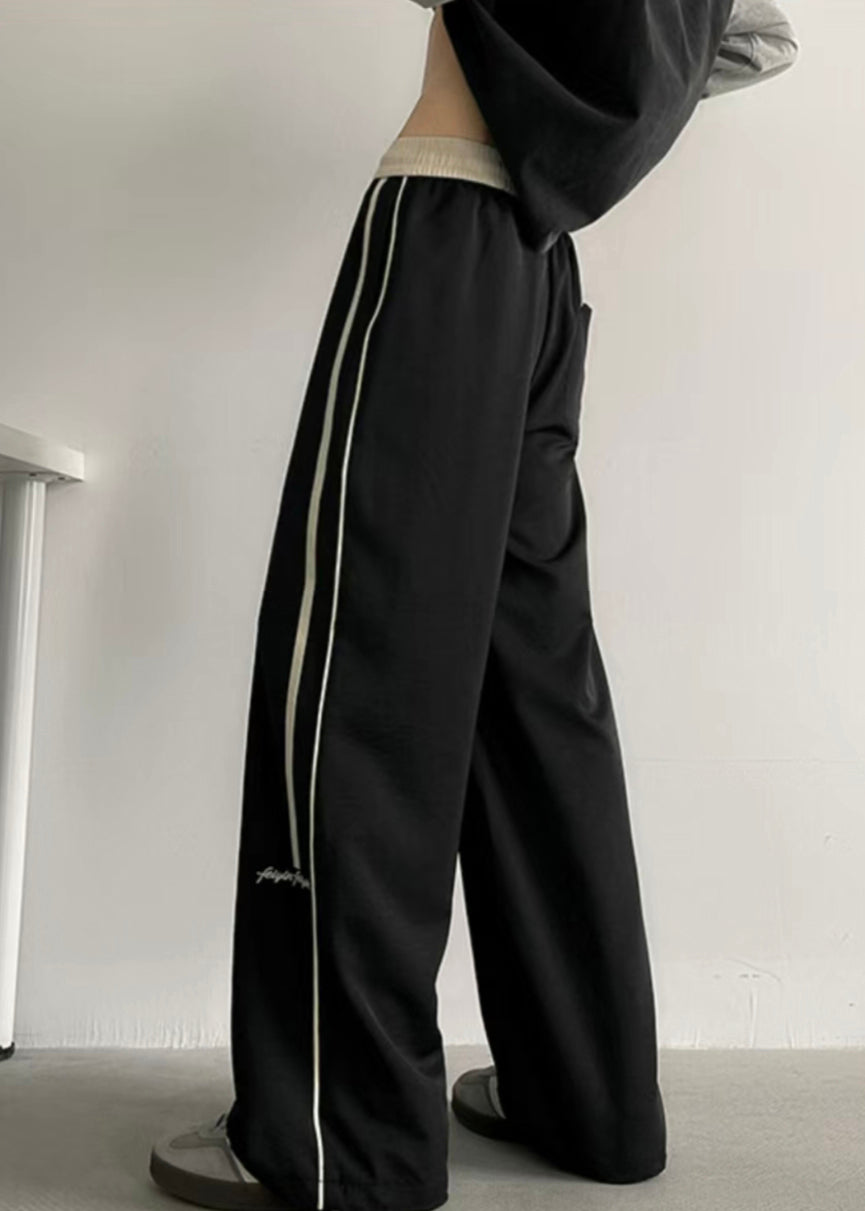 Casual Black Striped Elastic Waist Cotton Men Wide Leg Pants Summer