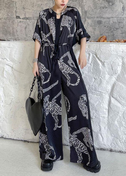 Casual Black Summer Patchwork Wide Leg Print Chiffon jumpsuit pants - SooLinen