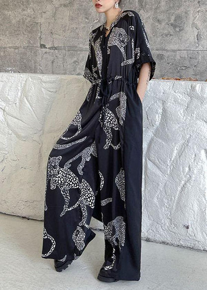 Casual Black Summer Patchwork Wide Leg Print Chiffon jumpsuit pants - SooLinen