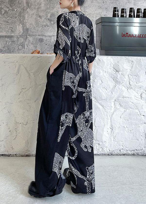 Casual Black Summer Patchwork Wide Leg Print Chiffon jumpsuit pants - SooLinen