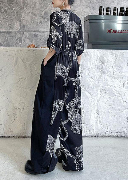 Casual Black Summer Patchwork Wide Leg Print Chiffon jumpsuit pants - SooLinen