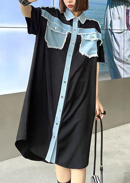 Casual Black Summer Splicingpocke Patchwork Maxi Dresses Short Sleeve Cotton - SooLinen
