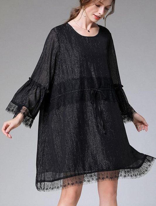 Casual Black Tie Waist Flare Sleeve Mini Summer Chiffon Dress - SooLinen