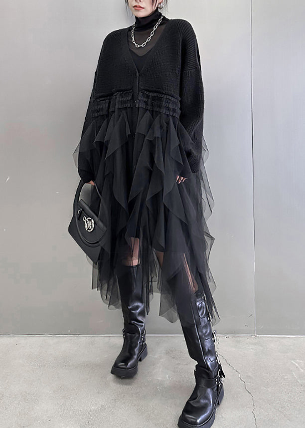 Lässiges schwarzes Maxikleid aus Baumwollstrick mit Tüll-Patchwork und Fledermausärmeln