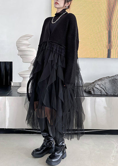 Lässiges schwarzes Maxikleid aus Baumwollstrick mit Tüll-Patchwork und Fledermausärmeln