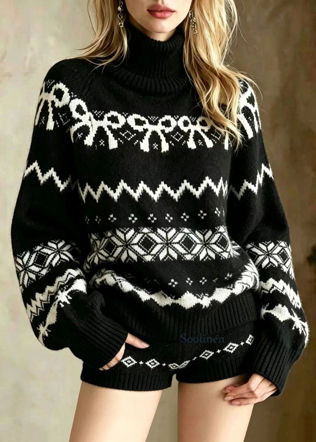 Casual Black Turtleneck Jacquard Knit Sweater And Shorts Two Piece Set Winter