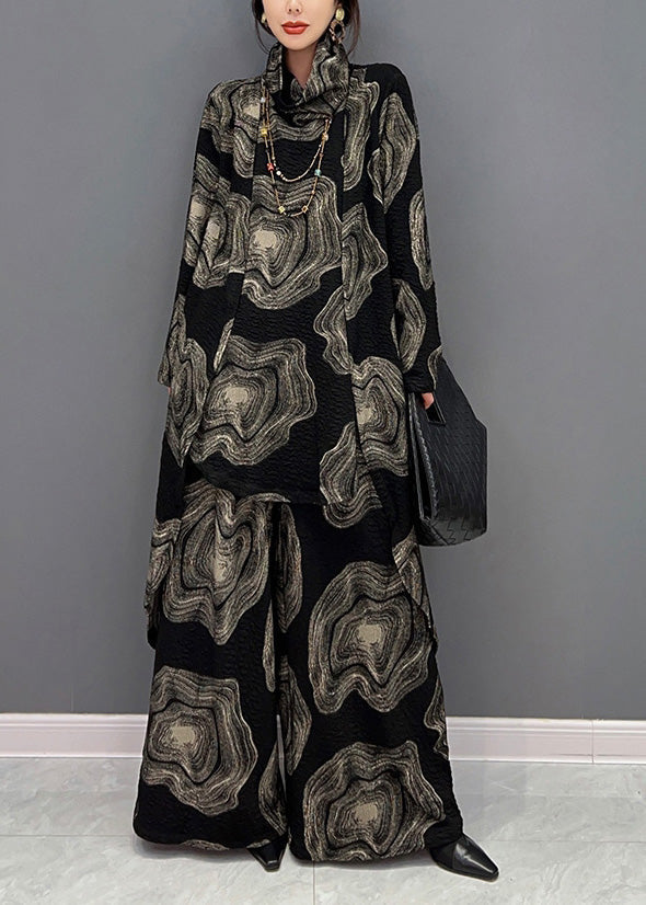 Lässiges schwarzes Rollkragen-Print-Top und weite Hose, zweiteiliges Set für den Winter