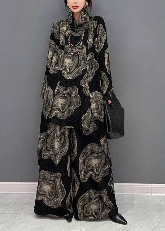 Lässiges schwarzes Rollkragen-Print-Top und weite Hose, zweiteiliges Set für den Winter