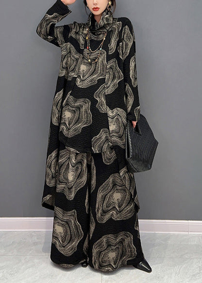 Lässiges schwarzes Rollkragen-Print-Top und weite Hose, zweiteiliges Set für den Winter