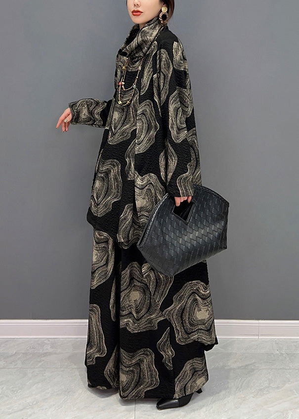 Lässiges schwarzes Rollkragen-Print-Top und weite Hose, zweiteiliges Set für den Winter