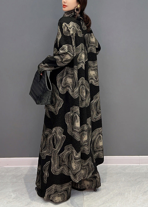 Lässiges schwarzes Rollkragen-Print-Top und weite Hose, zweiteiliges Set für den Winter