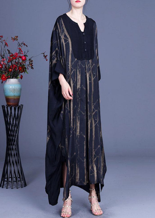 Casual Black V Neck Print Patchwork Silk Summer Dresses Batwing Sleeve - SooLinen