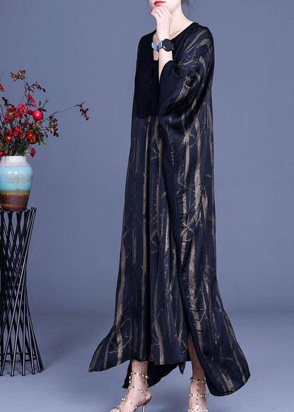 Casual Black V Neck Print Patchwork Silk Summer Dresses Batwing Sleeve - SooLinen