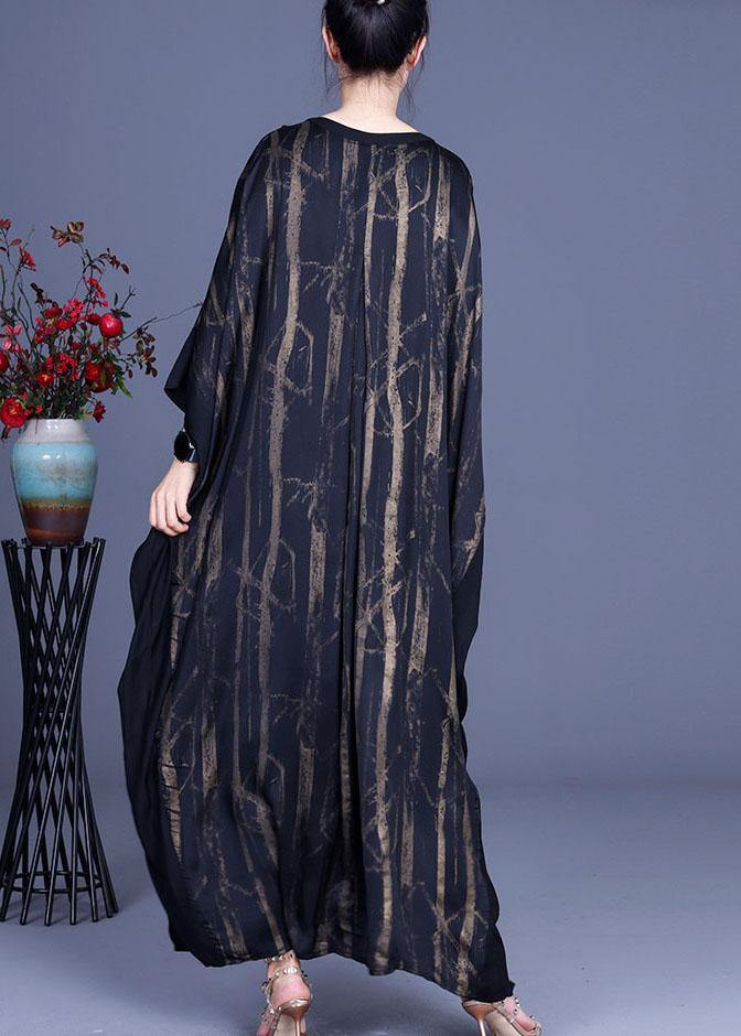 Casual Black V Neck Print Patchwork Silk Summer Dresses Batwing Sleeve - SooLinen