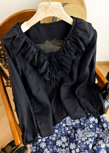 Casual Black V Neck Ruffled Patchwork Linen Shirt Fall