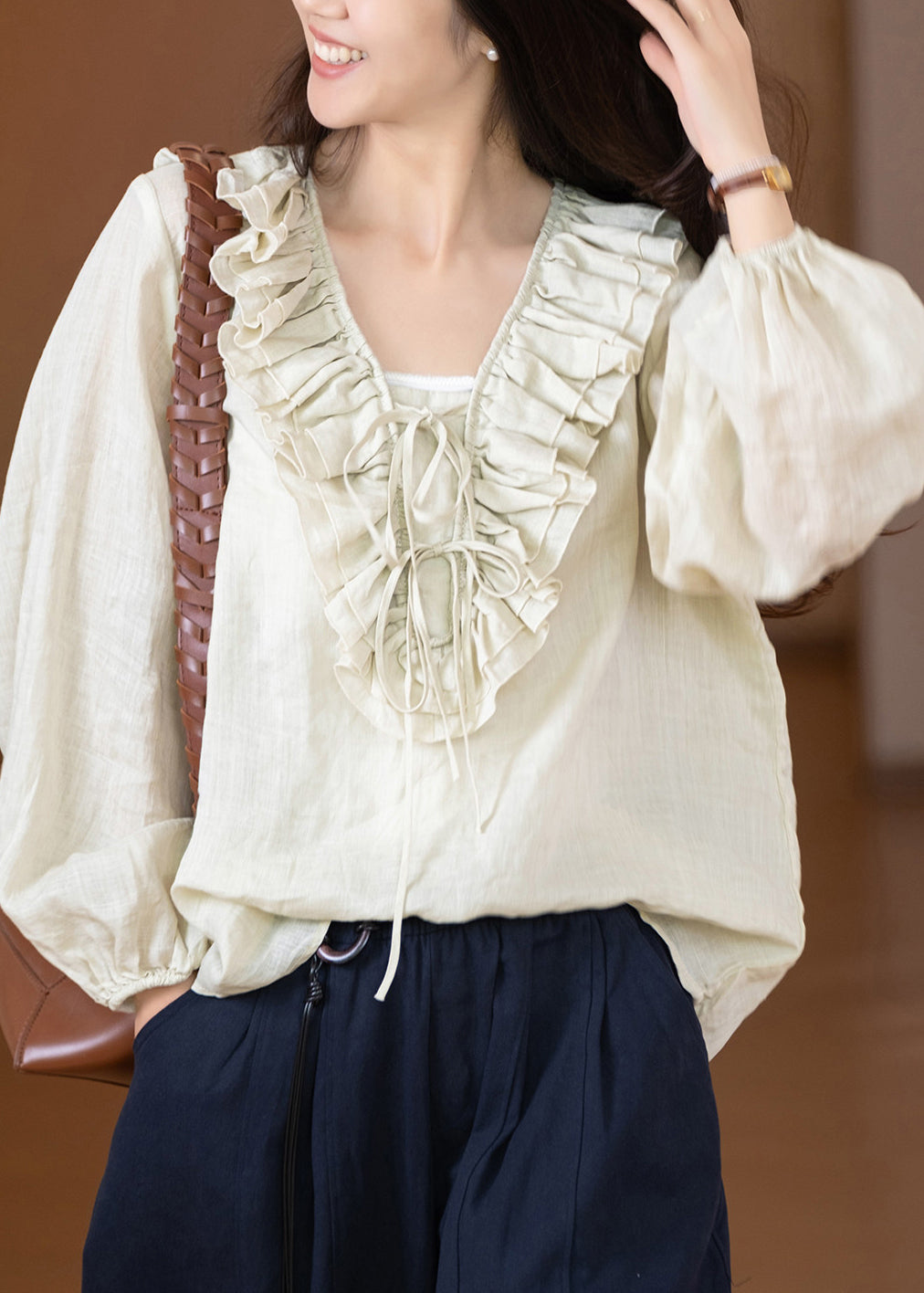 Casual Black V Neck Ruffled Patchwork Linen Shirt Fall