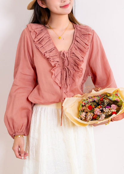 Casual Black V Neck Ruffled Patchwork Linen Shirt Fall
