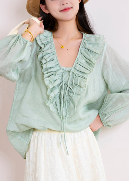 Casual Black V Neck Ruffled Patchwork Linen Shirt Fall