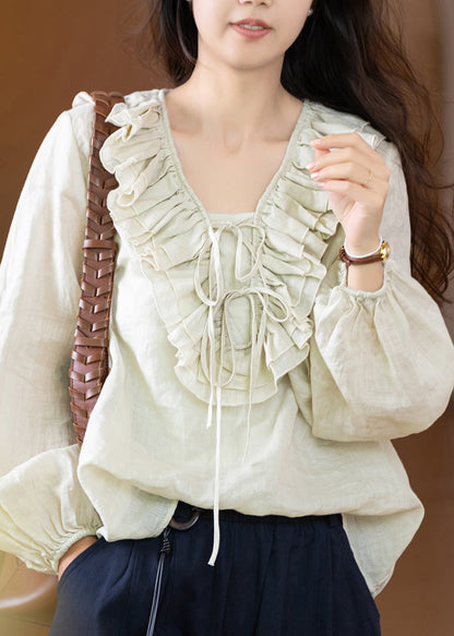 Casual Black V Neck Ruffled Patchwork Linen Shirt Fall