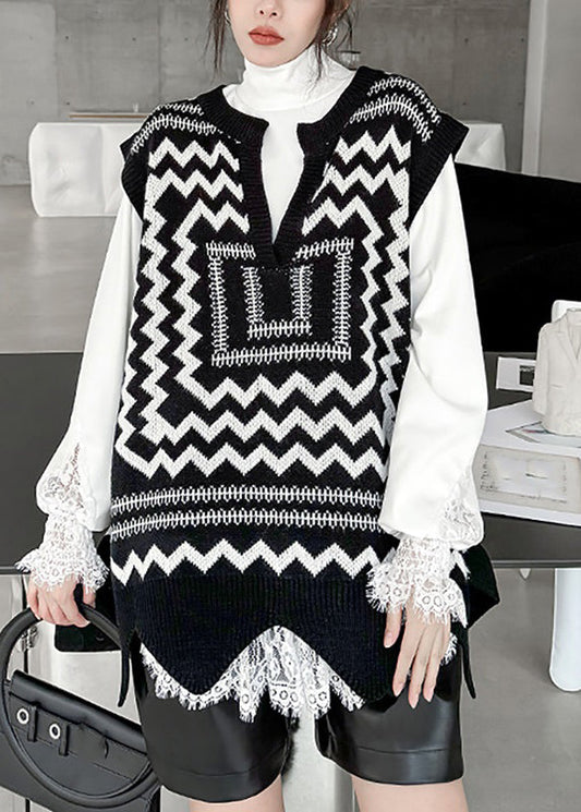 Casual Black White Print V Neck Asymmetrical Thick Cotton Knit Waistcoat Sleeveless
