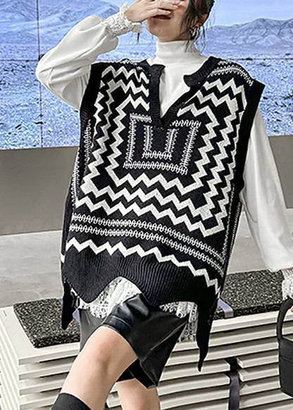 Casual Black White Print V Neck Asymmetrical Thick Cotton Knit Waistcoat Sleeveless