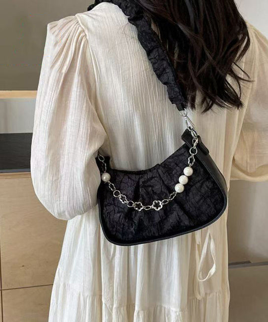 Casual Black Wrinkled Pearl Chain Linked Faux Leather Micro Bag