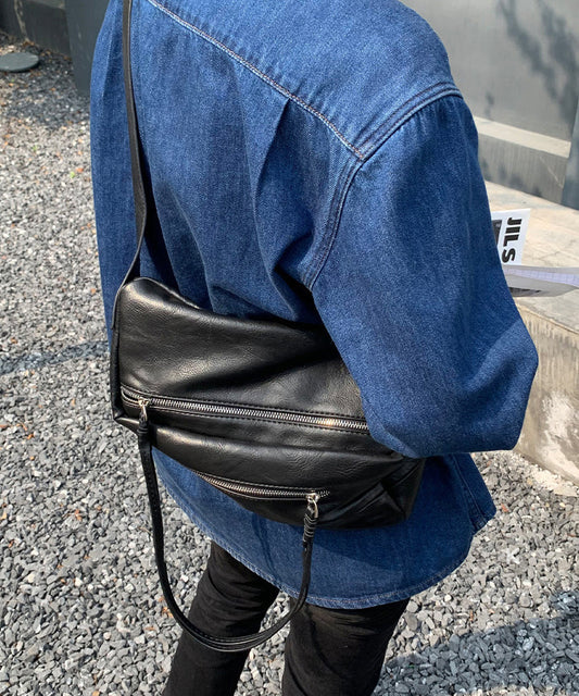 Casual Black Zippered Solid Durable Faux Leather Messenger Bag