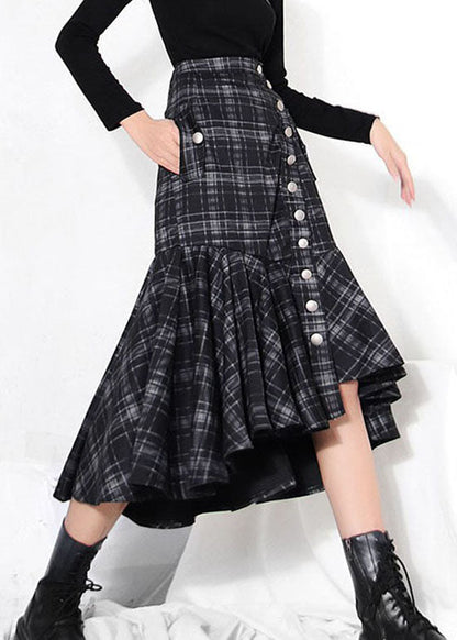 Casual Black low high design Ruffles Plaid Skirt Spring