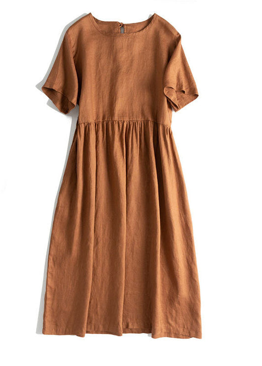 Lässige schwarze Krawatte Patchwork Leinenkleider Kurzarm