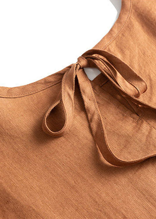 Lässige schwarze Krawatte Patchwork Leinenkleider Kurzarm