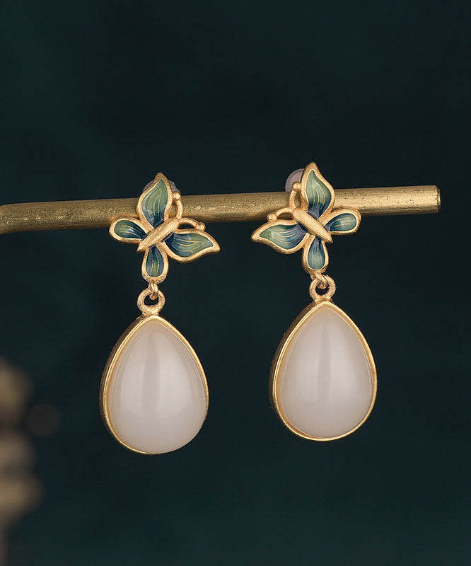Lässige blaue antike Gold eingelegte Jade Schmetterling Wassertropfen Ohrringe