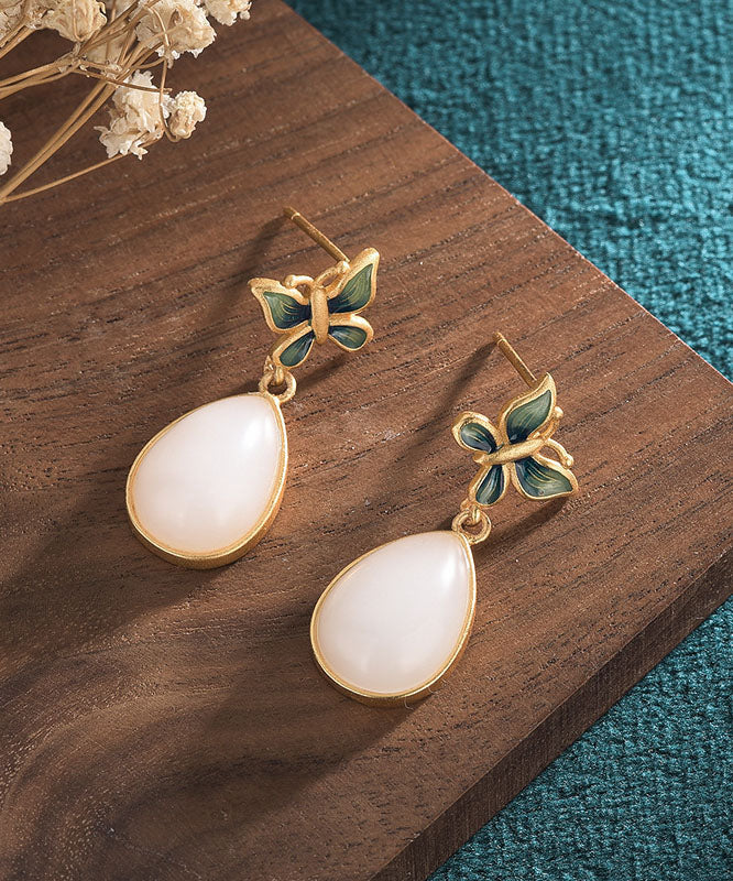 Lässige blaue antike Gold eingelegte Jade Schmetterling Wassertropfen Ohrringe